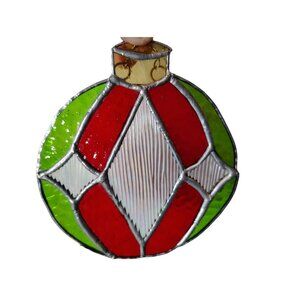 Handmade Stained Glass Suncatcher, Christmas Bulb Ornament, Green, Red, Clear